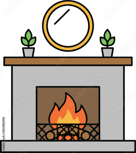 A cozy cartoon illustration of a grey stone fireplace with a burning fire, featuring a wooden mantel decorated with potted plants and a round mirror hanging above.