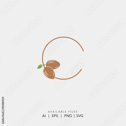 Minimalist Letter C Logo Design Featuring Natural Almonds and Green Leaf for Organic Cosmetic Brand