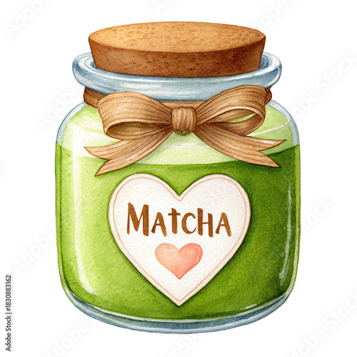 Matcha Jar Delight: A beautifully illustrated jar of vibrant green matcha, sealed with a cork and adorned with a ribbon, is a delightful representation of this beloved beverage.