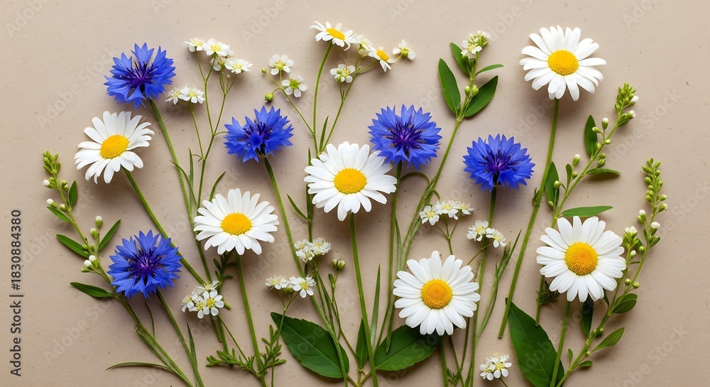 Obraz premium Elegant floral bouquets of daisies and cornflowers create a cheerful scene