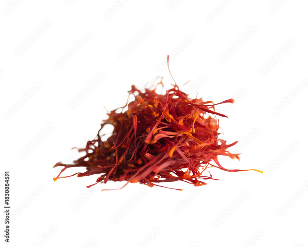 Naklejka premium A small pile of bright red saffron threads, a precious spice, isolated on transparent background
