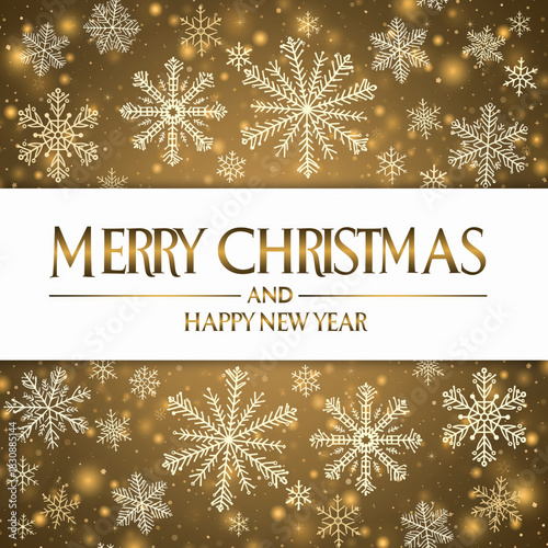 A festive golden holiday card featuring decorative snowflakes surrounding the message “Merry Christmas and Happy New Year” in elegant lettering.