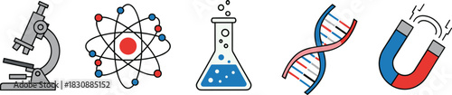 Colorful Science Icons Featuring Microscope, Atom Model, Chemistry Flask, DNA Helix, and Magnet Representing Key Scientific Concepts and Laboratory Tools