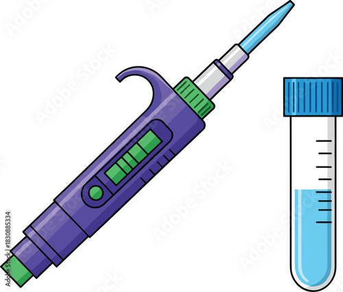 Vibrant laboratory micropipette and test tube illustration showing scientific measurement, sample handling, liquid transfer, and modern lab equipment used in research experiments.