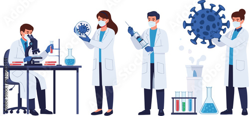 Scientists conducting laboratory research, analyzing virus samples, developing vaccines, and performing experiments using microscopes, test tubes, and protective medical equipment.