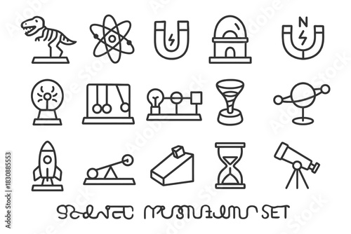 Science icon set featuring physics, chemistry, astronomy, and engineering symbols.