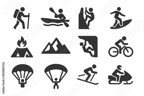 Adventure icons: hiking, kayaking, rock climbing, surfing, camping, mountain biking, paragliding, skiing, snowmobiling.