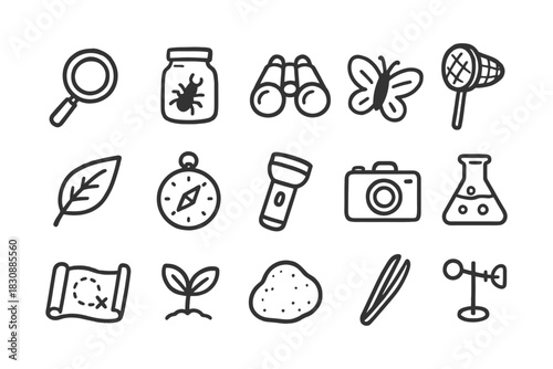 Hand-drawn nature exploration icons: magnifying glass, butterfly, binoculars, compass, flask, leaf, map, seedling, net.