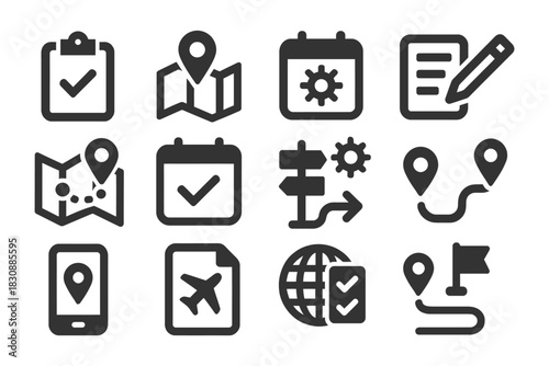Navigation and planning icons collection with maps and checklists.