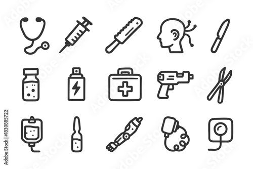 Medical equipment and tools: icons of stethoscope, syringe, scalpel, and more.