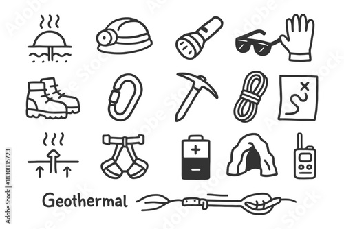 Geothermal exploration equipment icons set: tools and safety gear for underground research.