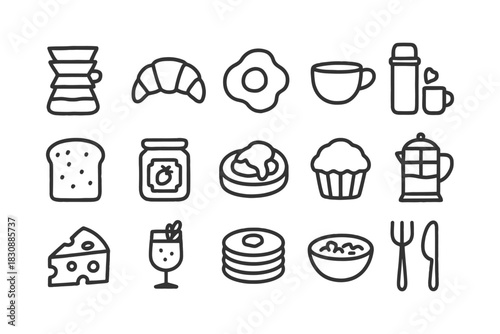 Breakfast icons: coffee, croissant, egg, mug, toast, jam, pancakes, muffin, cheese, juice, cutlery.