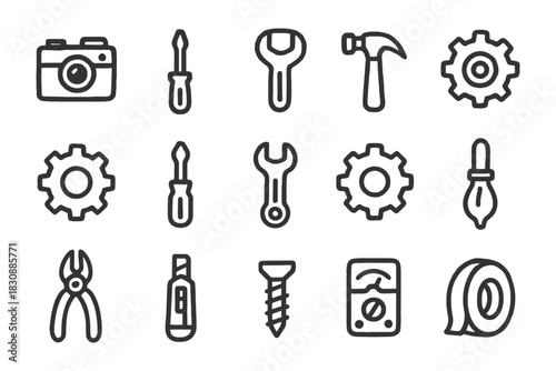 Collection of hand tools and equipment icons in monochrome style.