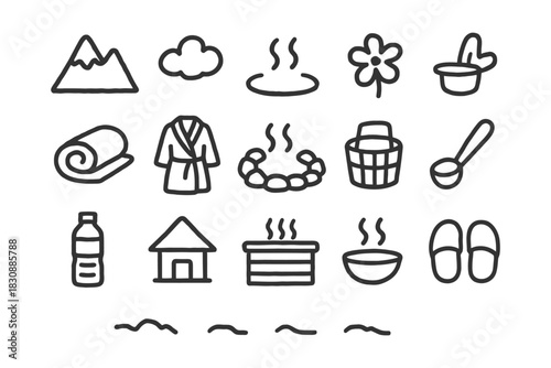 Spa and relaxation icons: mountains, sauna, towels, and hot spring symbols.