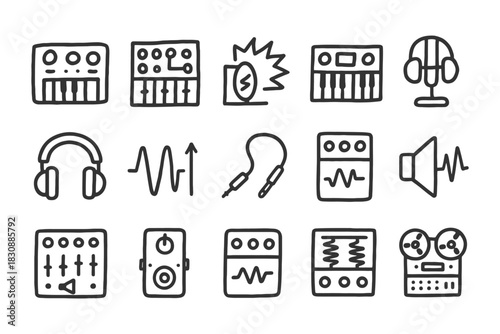 Hand-drawn audio equipment icons: synthesizer, headphones, equalizer, microphone, cable.
