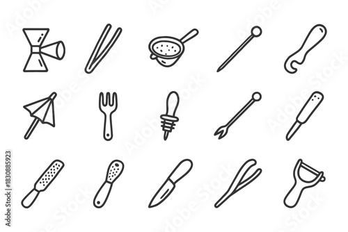 Set of kitchen utensil icons: grater, peeler, knife, strainer, tongs, fork, corkscrew.