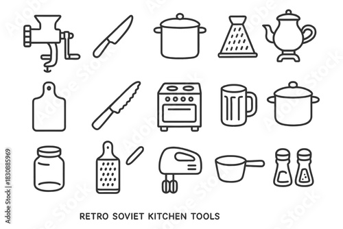 Retro soviet kitchen tools set with vintage cooking utensils and appliances.