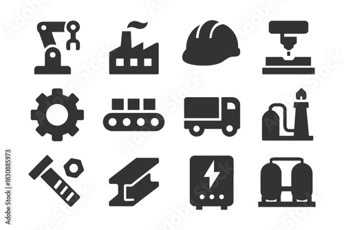 Industrial icons set: robotics, factory, safety, production, gear, energy.