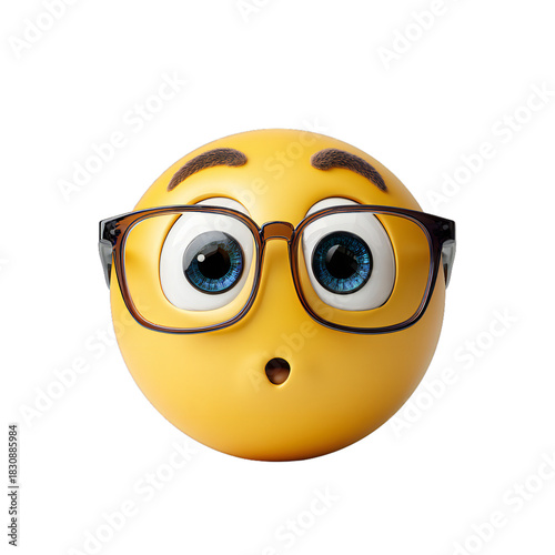 Surprised emoji face wearing glasses, shocked reaction and wow expression, nerdy emotion icon, isolated on white background