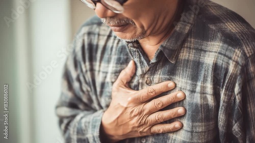 hand hold chest with heart attack symptoms, man have chest pain caused by heart disease, leak, dilatation, enlarged coronary heart, press on the chest with a painful expression