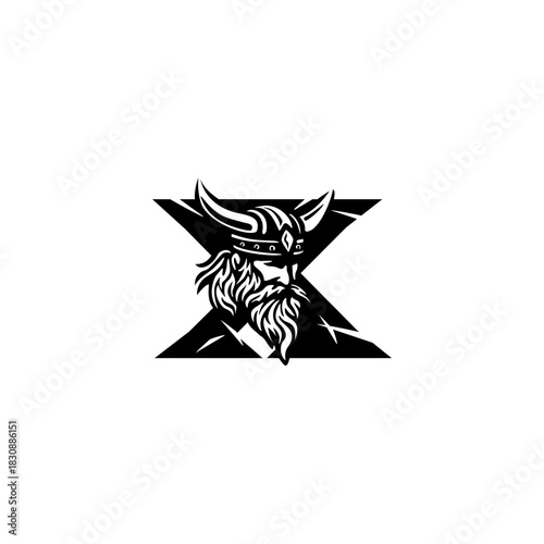 A fierce Viking head letter logo featuring a bold Nordic warrior shaped into an alphabet form, crafted with strong lines, modern style, and powerful identity for branding needs.