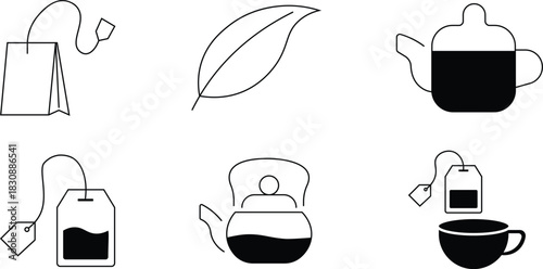 Collection of black tea bag icons set. Herbal drink packaging label isolated illustration. Tea bag outline icons with various shapes for beverage and drink concepts. Tea bag icons perfect for beverage