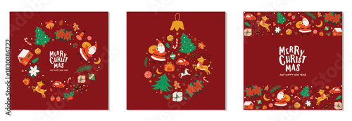 Cute Christmas banners set. Santa, reindeer, gifts, Christmas tree, poinsettia, ornaments on red background. 