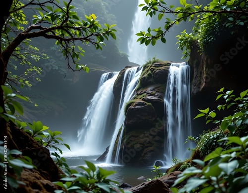 Majestic Waterfall Lush Forest Serenity