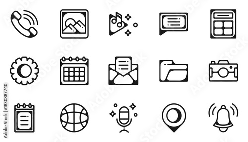 Universal Mobile App and User Interface Line Icons Set: Phone, Communication, Media, and Organization Collection Featuring Call, Gallery, Music, Calculator, Calendar, and Location Pin