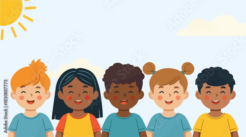 Vector illustration template banner of children days featuring a group of dazzled children on a sunny day