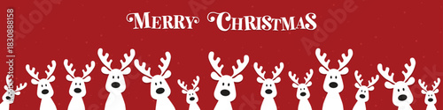 Cute Christmas reindeer on a red background. Christmas background, banner, or card. New trending vector illustration.