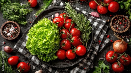 Dark-surface hi-res overhead fresh salad, red cherry tomatoes, purple onion, crisp green lettuce, menu hero