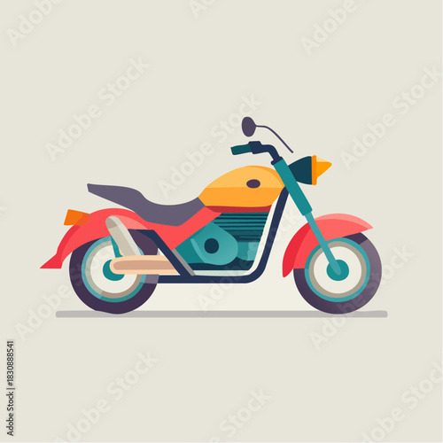 A Vibrant Red and Orange Motorcycle with Teal Accents Parked on a Neutral Background