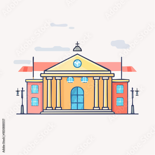 Charming Pixel Art Building with Classical Architecture and Yellow Facade Under a Cloudy Sky