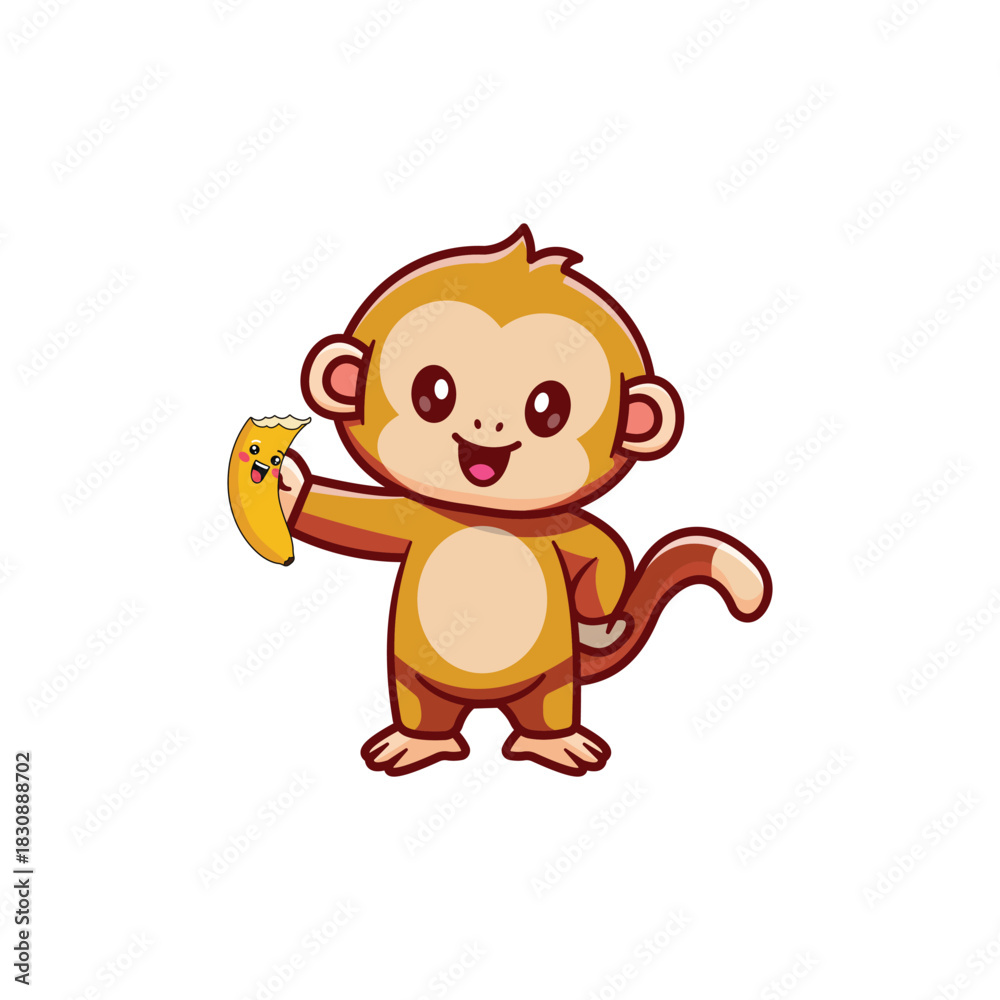 Fototapeta premium Cute Cartoon Monkey Holding Smiling Banana - Kawaii Animal Vector Illustration for Kids and Designs