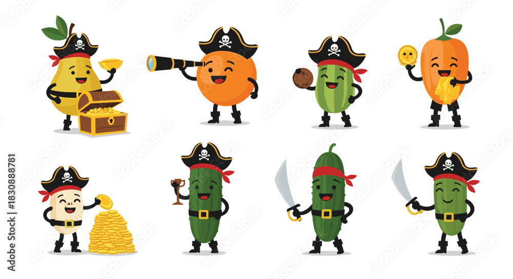 Obraz premium Adorable collection of cartoon fruits and vegetables dressed as pirates, adventuring with treasure chests, spyglasses, and swords on a white background.
