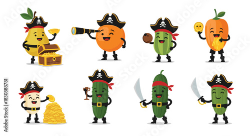 Adorable collection of cartoon fruits and vegetables dressed as pirates, adventuring with treasure chests, spyglasses, and swords on a white background.