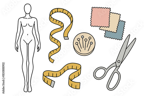 Essential sewing and tailoring tools set including scissors, measuring tape, and fashion croquis