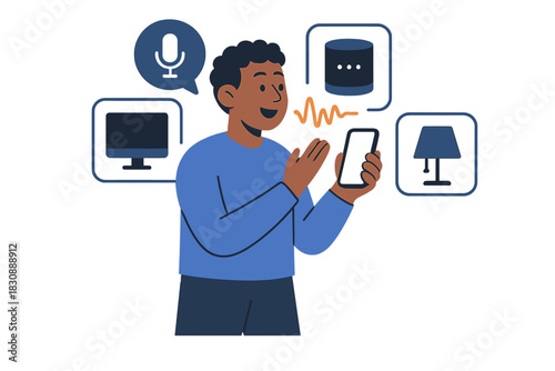 Person giving voice commands through a smartphone to manage smart home appliances and IoT devices