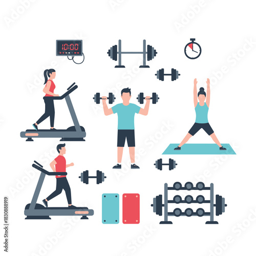 Gym Members Performing Cardio and Strength Workouts