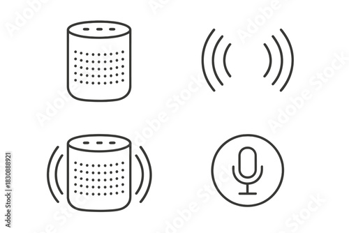 Smart speaker and voice assistant line icons set with microphone and wireless signal symbols