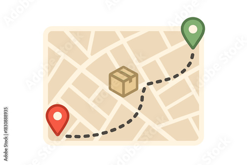 Delivery tracking route on a stylized map with package icon and location markers