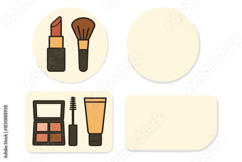 Cosmetic product icons on customizable round and rectangular sticker templates for beauty branding