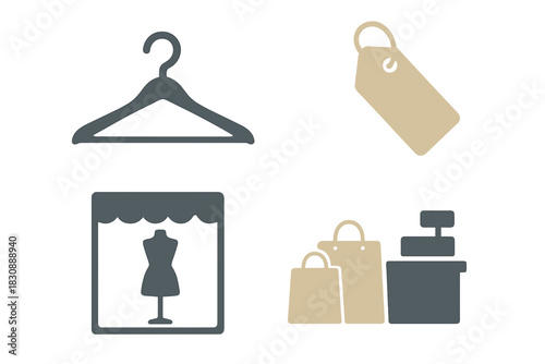 Minimalist shopping and fashion symbols including hanger, price tag, mannequin, and checkout elements