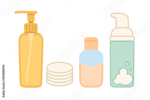 Daily facial skincare routine set with cosmetic bottles, foaming dispenser, and cotton pads
