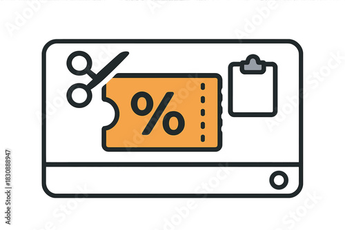 Digital coupon code displayed on mobile screen with scissors and clipboard icons