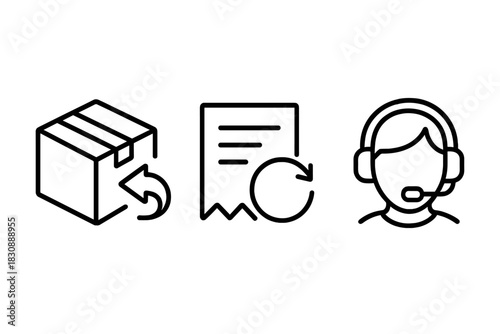 E-commerce return policy icons featuring package return, receipt exchange, and customer support symbols
