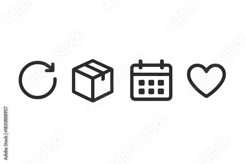 Shopping and E-commerce line icons set including delivery, calendar, refresh, and favorite heart