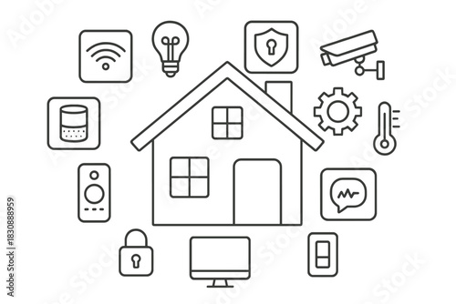 Outline symbols illustrating smart home automation, security, and IoT devices