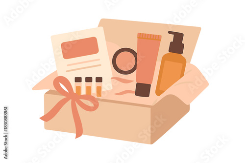 Open subscription box filled with cosmetic products and beauty samples tied with a decorative ribbon